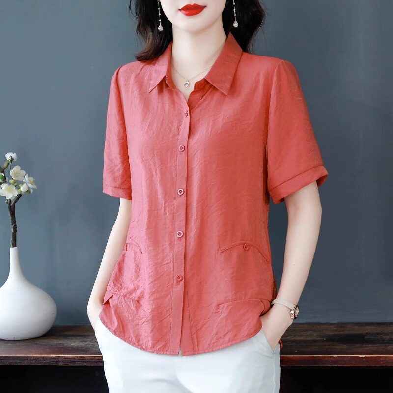 天丝薄款短袖衬衫女士夏装2025新款时尚气质衬衣宽松遮肚棉麻上衣