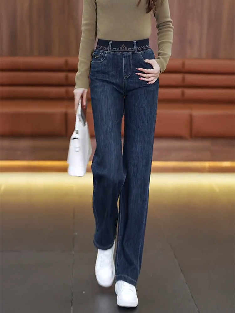 松紧腰直筒加绒牛仔裤女2025年秋冬季新款宽松显瘦休闲高腰阔腿裤