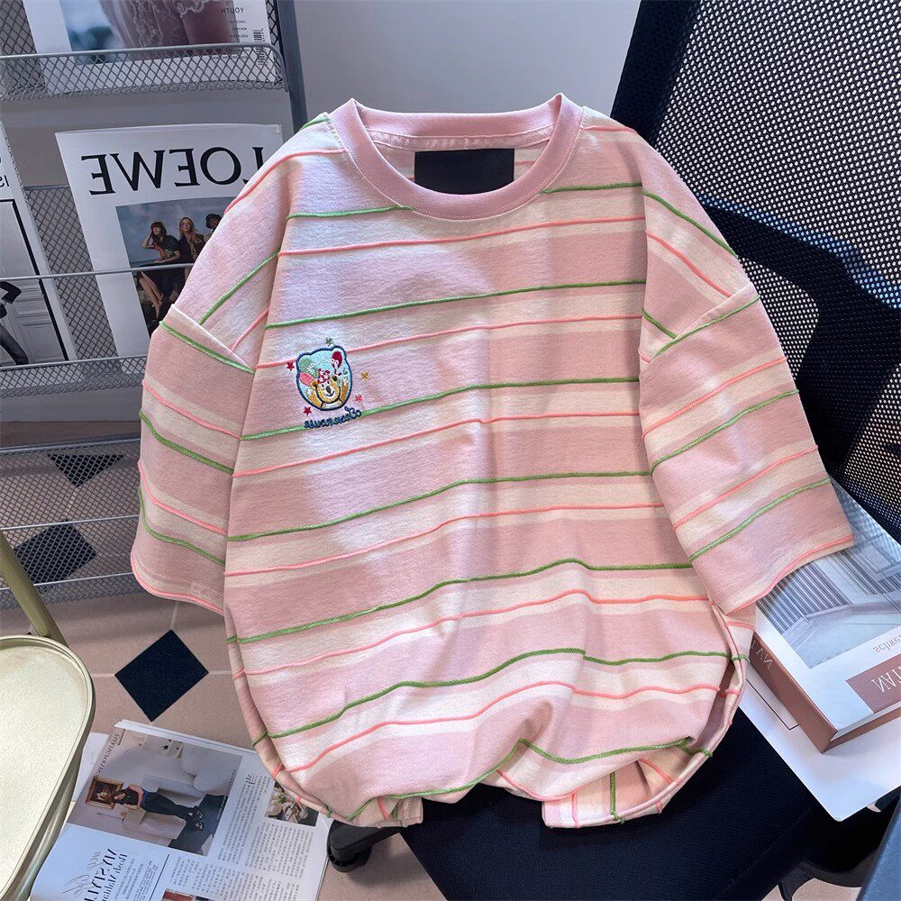 日本offcat粉色甜美可爱小熊刺绣条纹短袖t女夏正肩显瘦减龄上衣