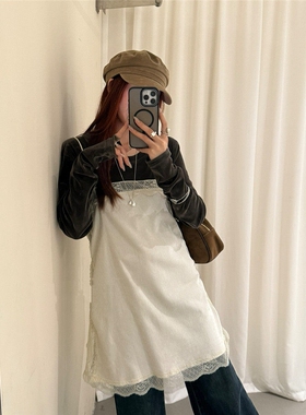 日本offcat秋冬深灰色蕾丝拼接吊带连衣裙女秋冬圆领长袖内搭打