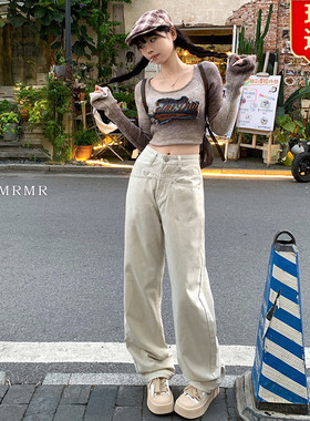 日本offcat白色美式阔腿牛仔裤女2025春秋新款高腰宽松显瘦百搭直