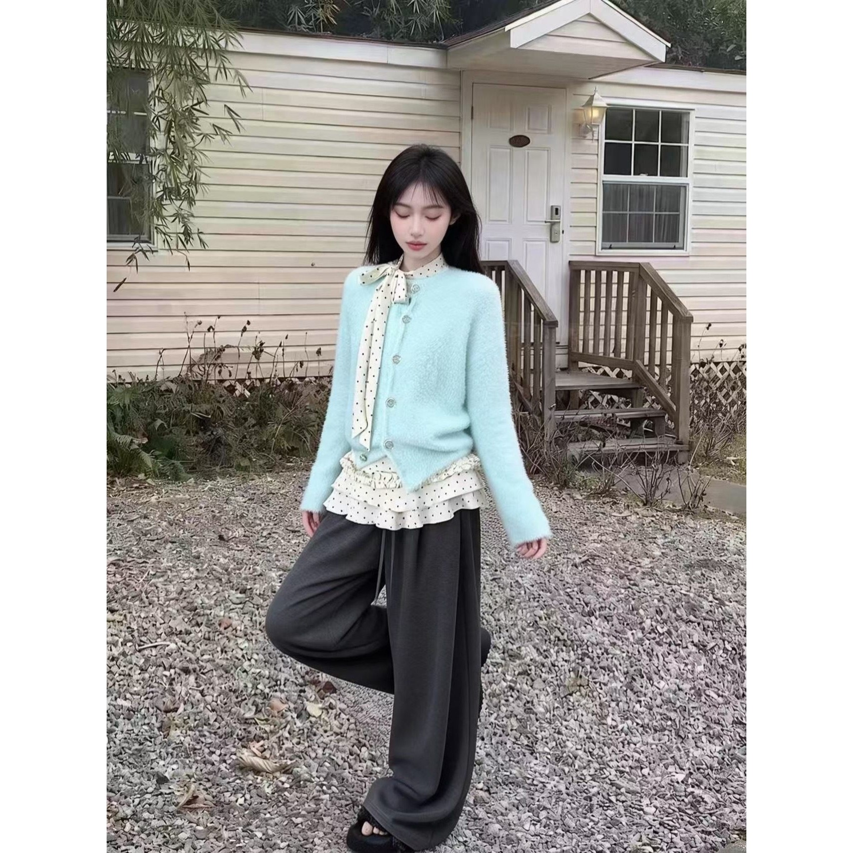 日本offcat水绿色仿水貂毛衣女秋冬高领蝴蝶结系带波点内搭,女装/女士精品,时尚套装,淘宝优惠券,粉丝福利购,淘宝优惠卷