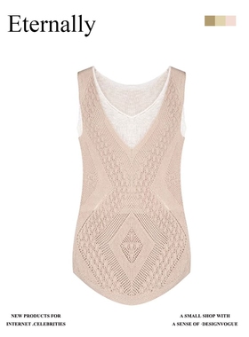 日本offcat2025春夏新小众设计独特漂亮浅卡其假两件钩针背心上衣