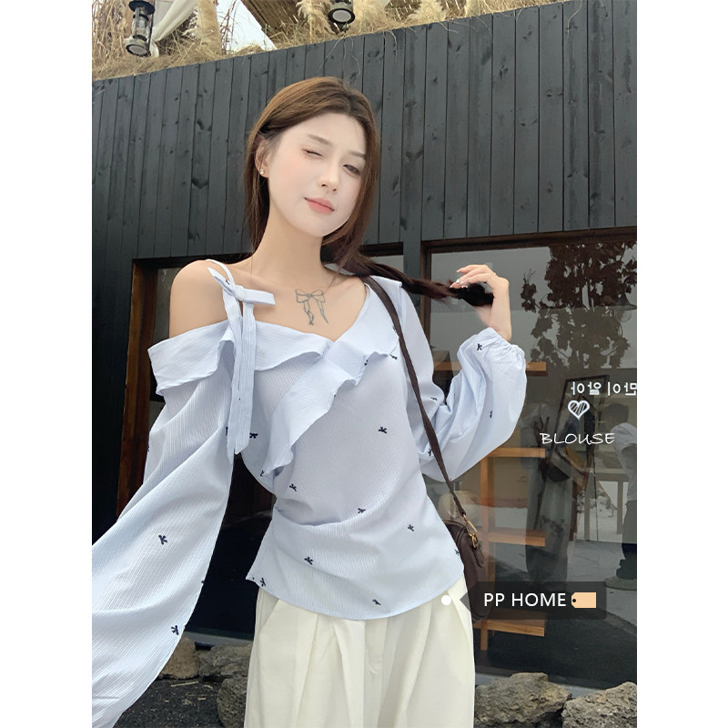 日本offcat甜美荷叶边斜肩蓝色衬衫女秋季温柔别致绝美设计感露肩