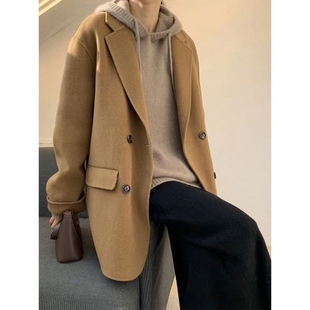 日本offcat驼色双面羊绒大衣女2024年秋冬新款短款毛呢小西装外套