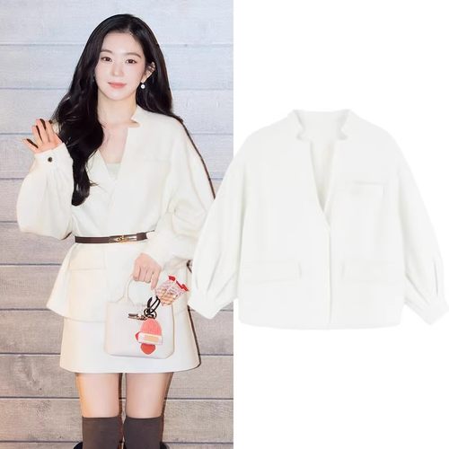 日本OFFCAT裴珠泫同款法式v领白色小香风外套女新款羊毛宽松上衣