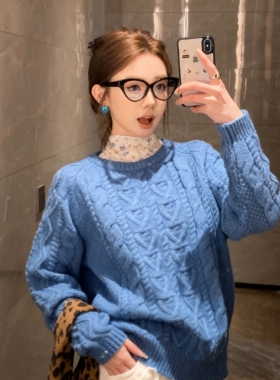 日本offcat温柔套装蓝色圆领麻花绞花毛衣女秋冬半高领碎花内搭打