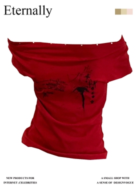 日本offcat2025春复古别致上衣设计感女酒红铆钉荡领一字肩短袖