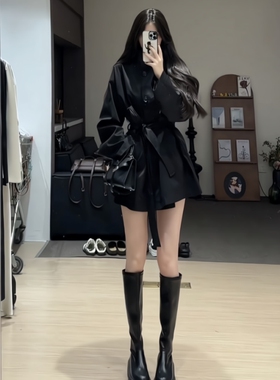 日本offcat黑色显瘦风衣外套女2025年秋季新款小个子韩系中长款收