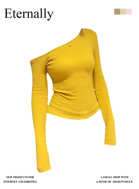 日本offcat紧身设计感美式辣妹露肩黄色长袖t恤女2025修身显瘦