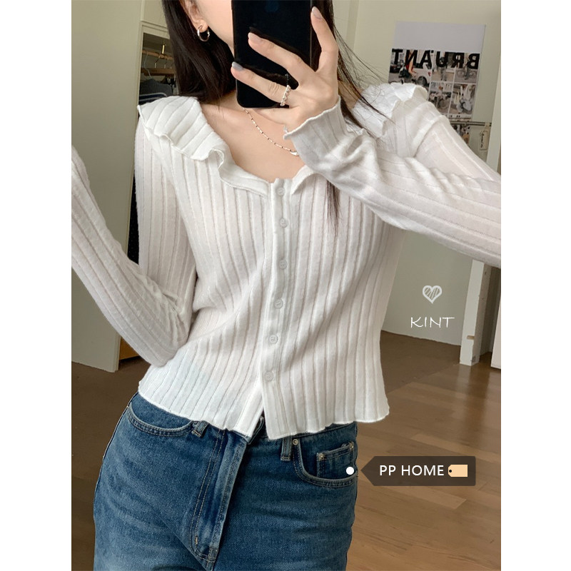 日本offcat甜美荷叶边v领针织衫女秋季温柔白色上衣修身磨毛坑条