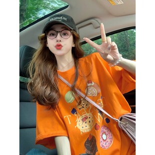 日本offcat橙色印花短袖t恤女新款夏季美式复古设计感洋气上衣