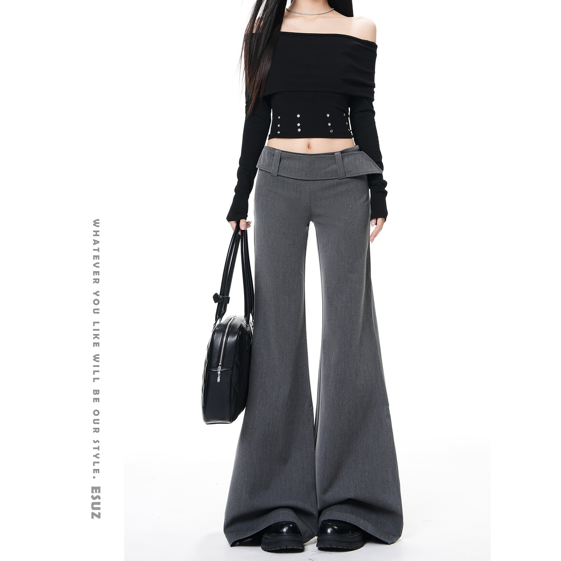 日本offcat灰色辣妹西装微喇裤女春季款低腰修身显瘦垂感百搭喇叭