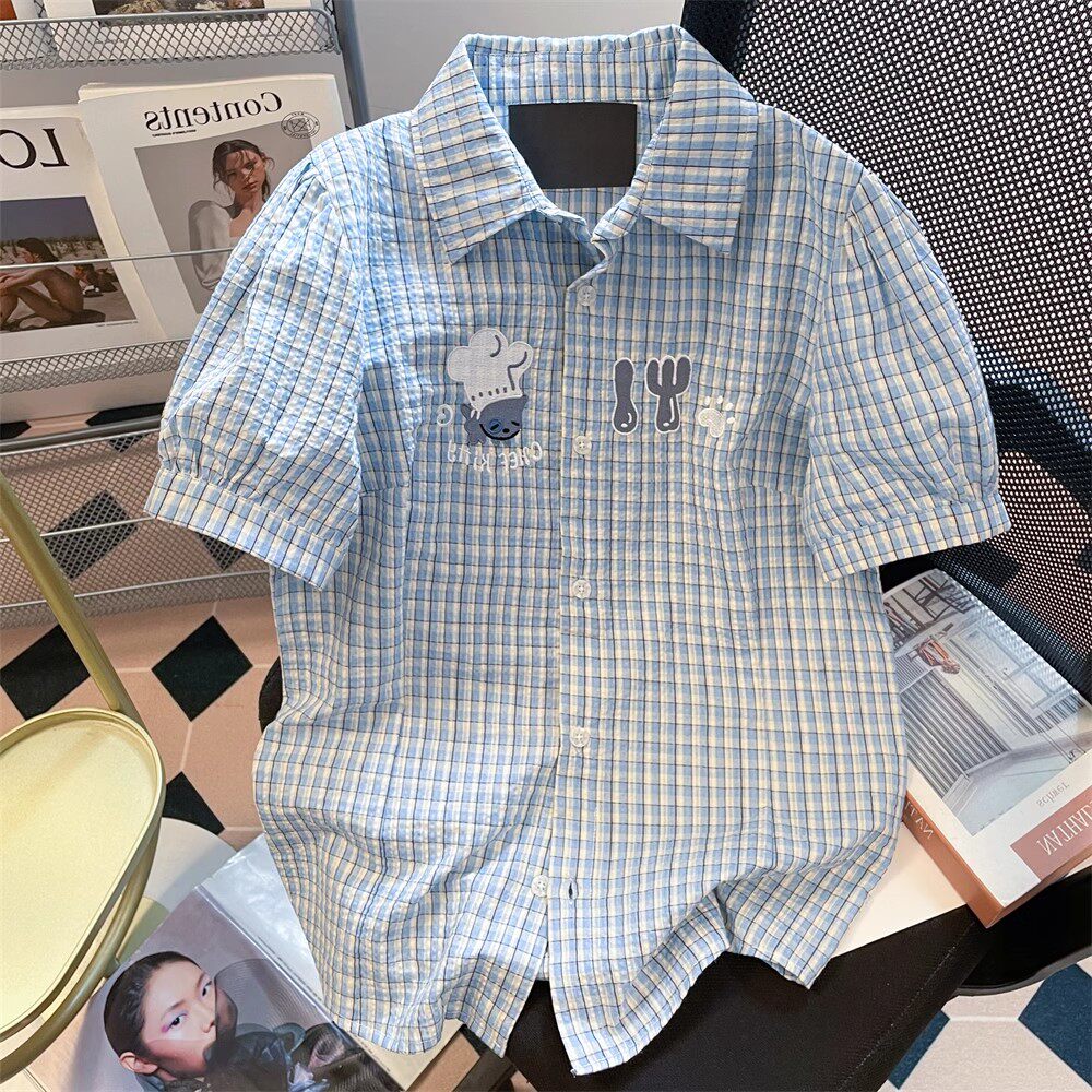 日本offcat学院风可爱刺绣格子短袖衬衫女夏季小个子收腰显瘦上衣