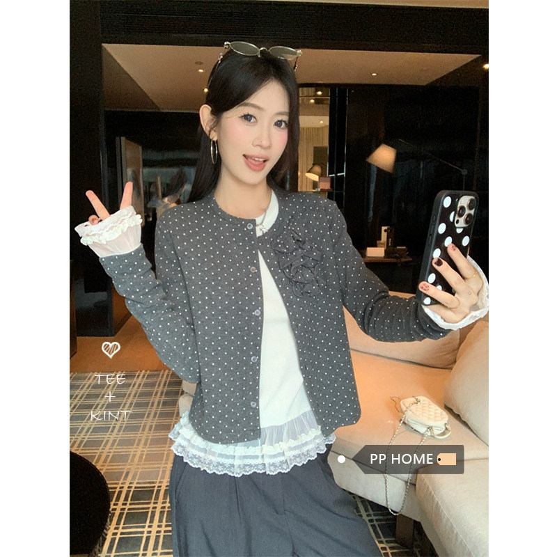 日本offcat时尚miu系波点开衫外套女秋季甜美蕾丝拼接长袖打底衫