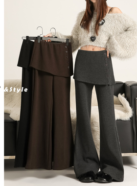日本offcat灰色毛呢假两件微喇裙裤女2025新秋冬加绒加厚垂感休闲