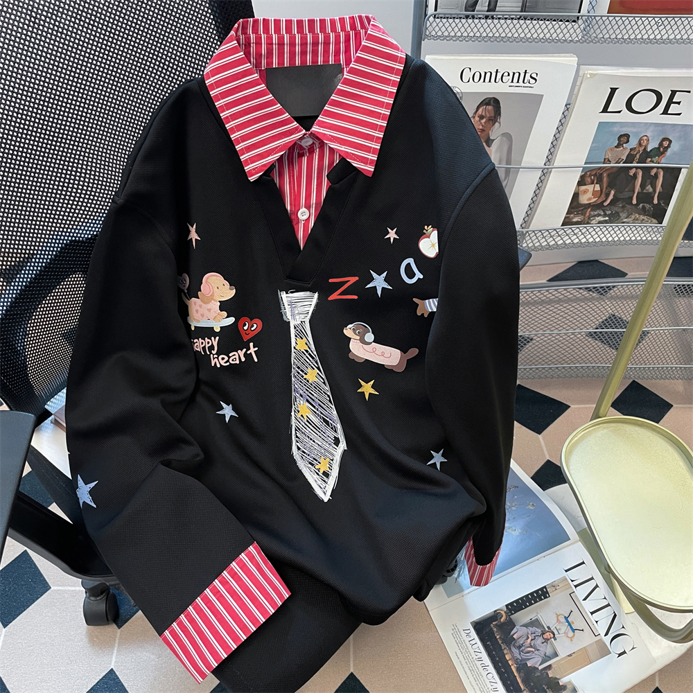 日本offcat美式复古假两件衬衫拼接卫衣女秋季内搭叠穿卡通涂鸦领