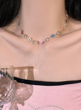 钛钢彩色糖果爱心拼接锆石项链女辣妹甜美高级感多巴胺锁骨链颈链