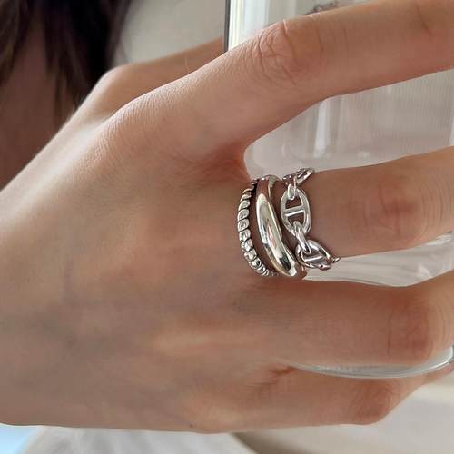 S925纯银女戒指小众设计极简扭纹双层戒指做旧质感猪鼻食指戒指潮