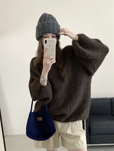 韩系温柔减龄松弛感慵懒宽松显瘦纯色百搭灯笼袖圆领套头毛衣女