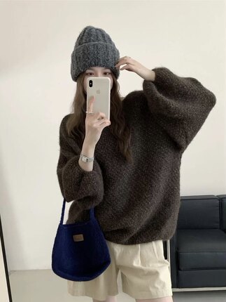 韩系温柔减龄松弛感慵懒宽松显瘦纯色百搭灯笼袖圆领套头毛衣女