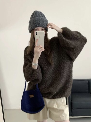 韩系温柔减龄松弛感慵懒宽松显瘦纯色百搭灯笼袖圆领套头毛衣女