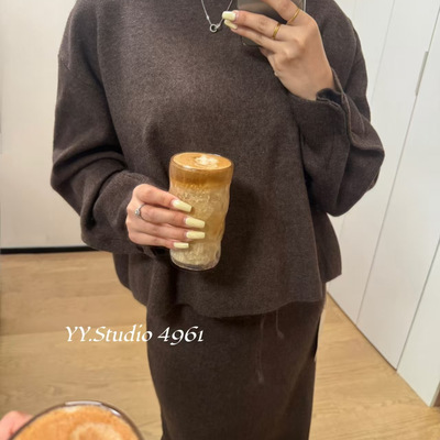 韩版设计感前后两面穿毛衣套装女