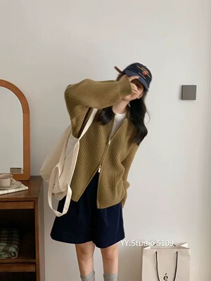 韩系慵懒时髦纯色双拉链宽松显瘦软糯坑条肌理设计开衫毛衣外套女