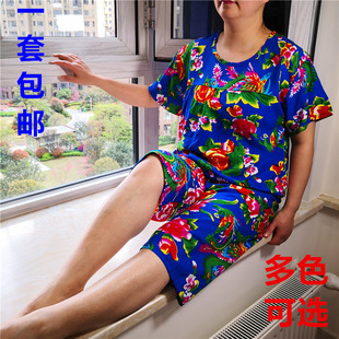 夏季女士绵绸睡衣套装东北大红花短袖中裤家居服人造绵绸空调服