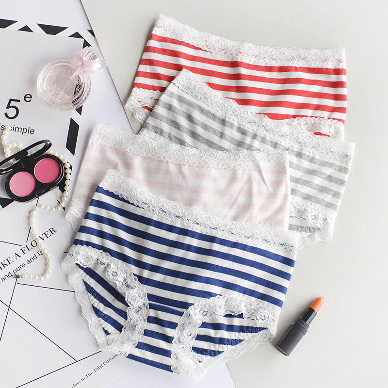 日系条纹中低腰蕾丝女士三角裤
