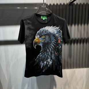 新款 流行老鹰印花烫钻男士 短袖 欧货2024夏季 时尚 圆领个性 T恤修身