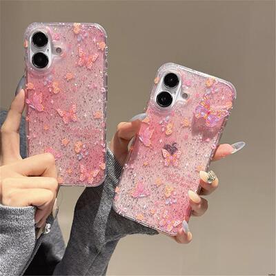 Butterfly Flower Case适用苹果16手机壳iPhone13 14 15 16 pro max clear bling case闪粉IMD壳ins保护套透