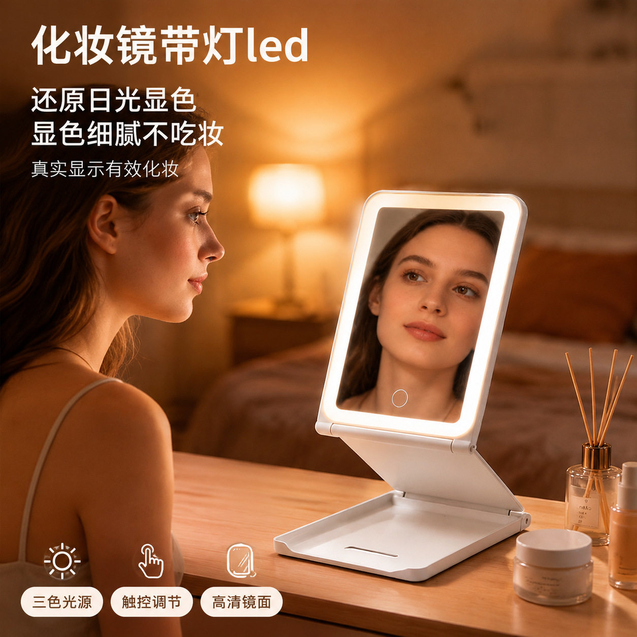 带灯化妆镜led桌面折叠梳妆台化妆镜子家用大号台式便携梳妆镜
