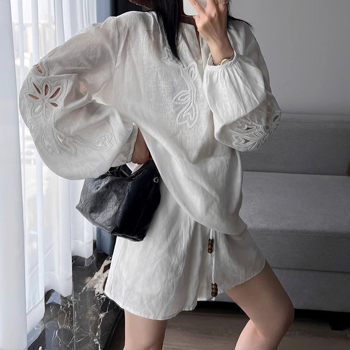 2025春夏新款亚麻刺绣套装女新中式防晒长袖衬衫休闲度假