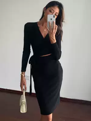 ITSNIKAR Knitted Strap Dress Women Waist Slim Slim Slim Medium-length dress Autumn Dress Spring Dress 2021