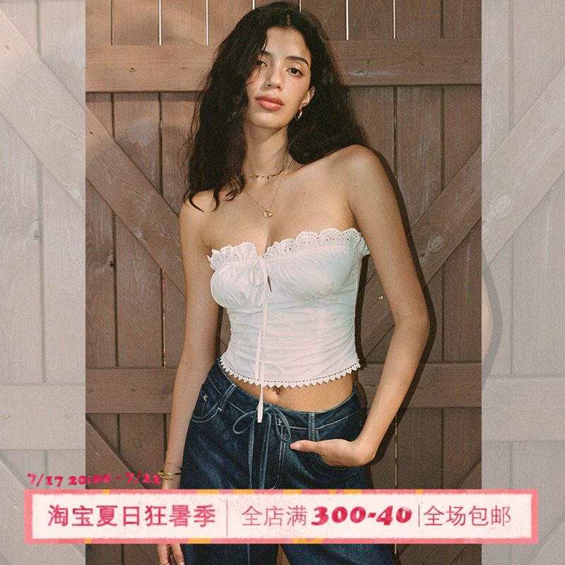 ITSNIKAR法式重工刺绣抹胸女夏抽褶设计内搭度假风立体显瘦短上衣