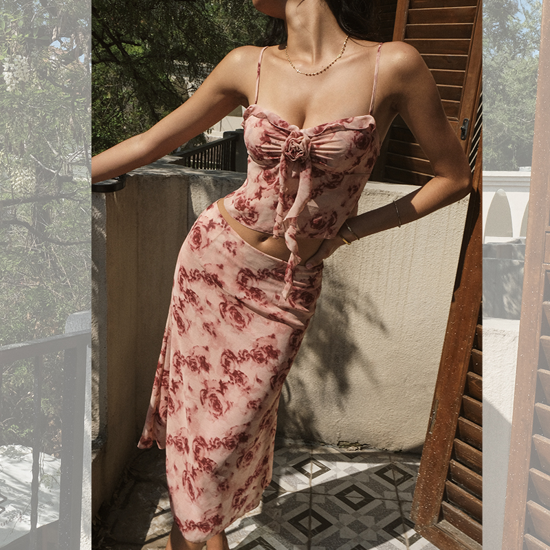 ITSNIKAR新中式复古玫瑰碎花套装女辣妹吊带裙子上衣度假风两件套