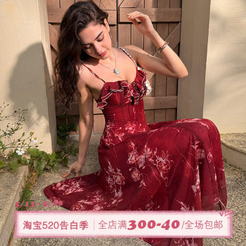 ITSNIKAR复古雪纺印花吊带连衣裙女夏性感收腰a字裙度假风长裙子