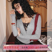 ITSNIKAR 假两件V领毛针织衫女秋性感显瘦打底衫蕾丝拼接长袖上衣