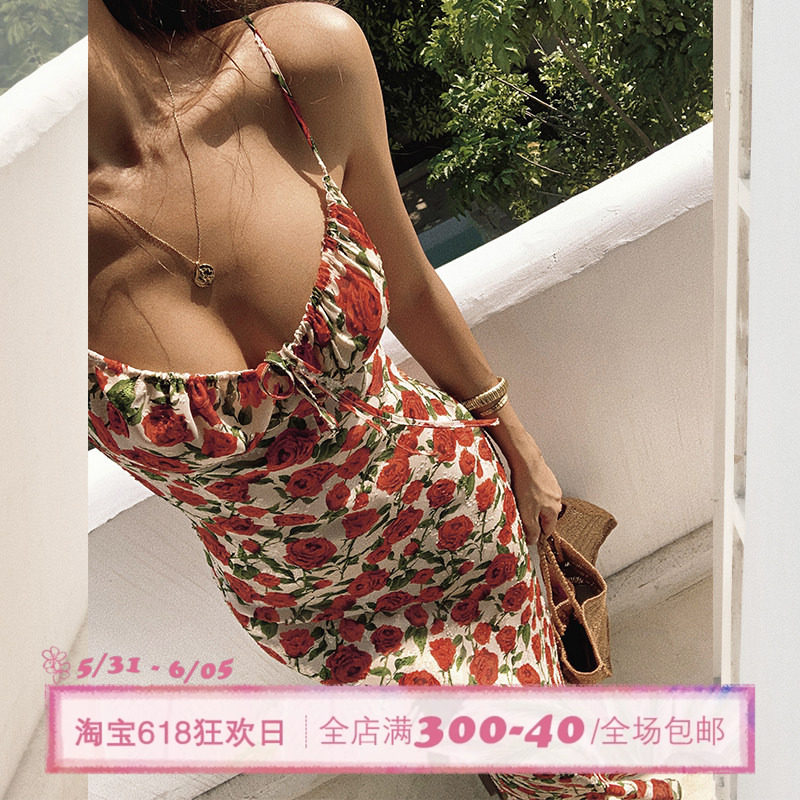 ITSNIKAR法式玫瑰碎花连衣裙女复古红色吊带裙海边度假修身长裙子