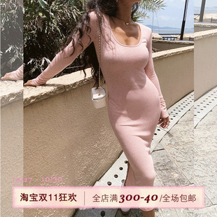 性感包臀中长裙子 气质低圆领针织连衣裙女早春修身 ITSNIKAR 法式