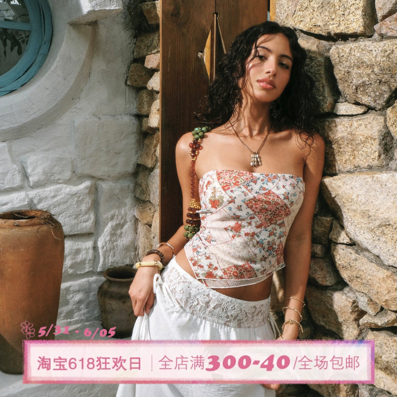 ITSNIKAR 法式不规则碎花丝巾抹胸女夏性感修身内搭度假风短上衣