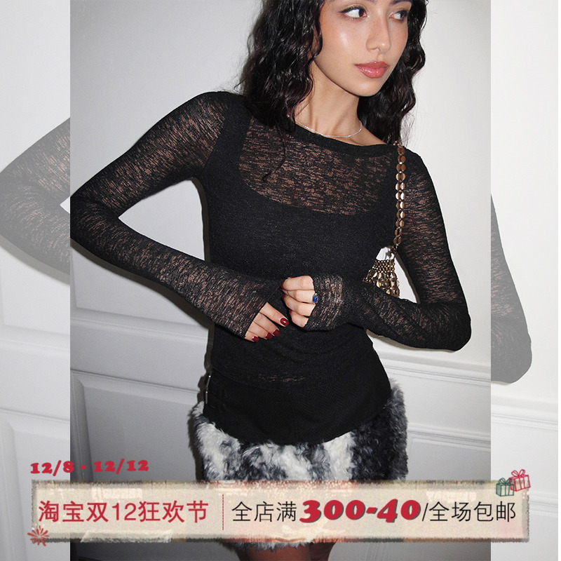 ITSNIKAR 假两件圆领针织衫女秋拼接设计打底衫内搭复古性感上衣