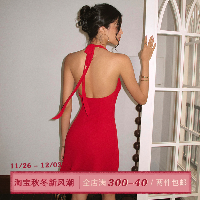 ITSNIKAR 红色雪纺连衣裙女夏度假风挂脖吊带裙显瘦露背短裙子