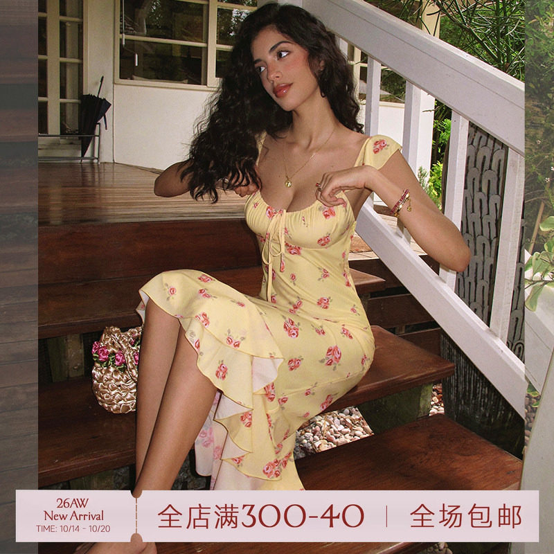 ITSNIKAR【獨家印花】法式碎花吊带连衣裙女夏荷叶边设计鱼尾裙子