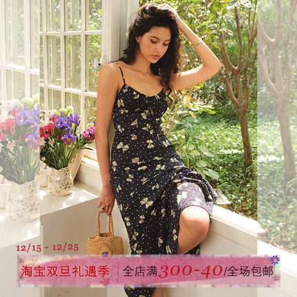 ITSNIKAR法式黑色蝴蝶连衣裙女春夏碎花吊带裙设计感鱼尾长款裙子