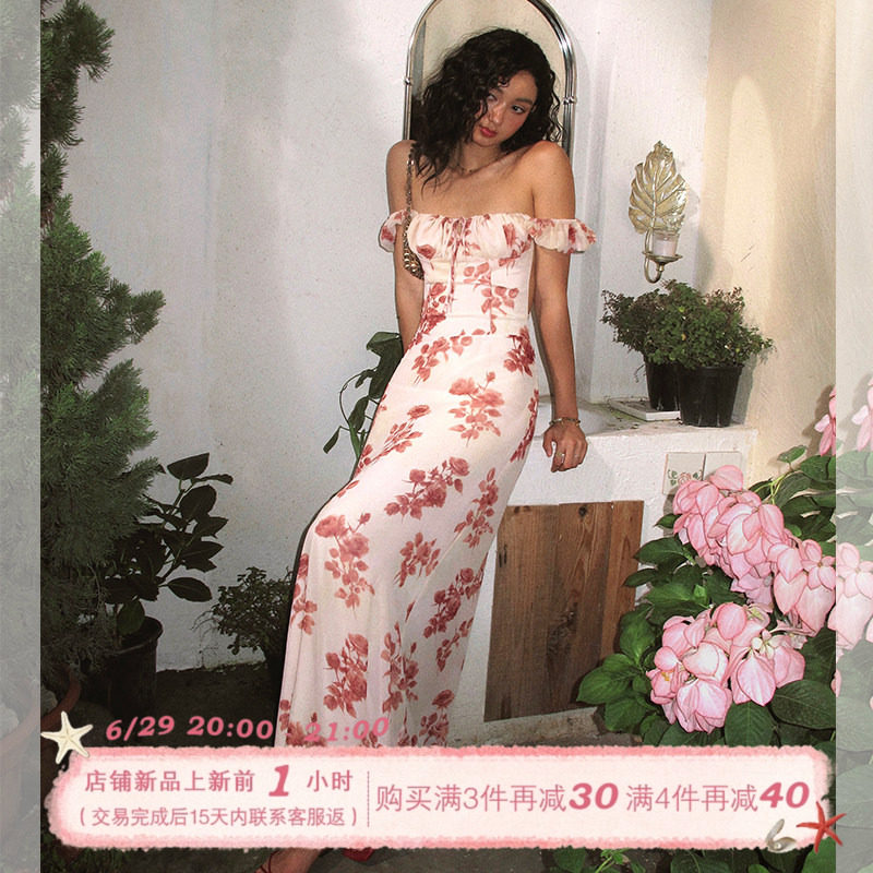 ITSNIKAR 复古印花短袖连衣裙女夏露背绑带包臀裙方领显瘦长裙子