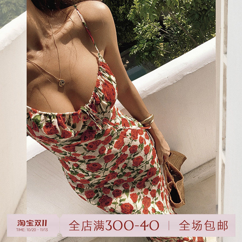 ITSNIKAR法式玫瑰碎花连衣裙女复古红色吊带裙海边度假修身长裙子