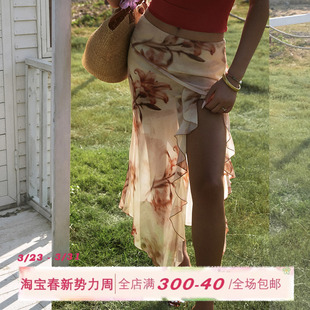 ITSNIKAR复古雪纺印花半身裙女春性感开衩包臀裙荷叶边垂感长裙子