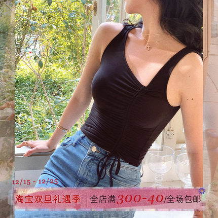 ITSNIKAR性感辣妹不规则针织背心欧美复古修身抽绳褶皱吊带上衣